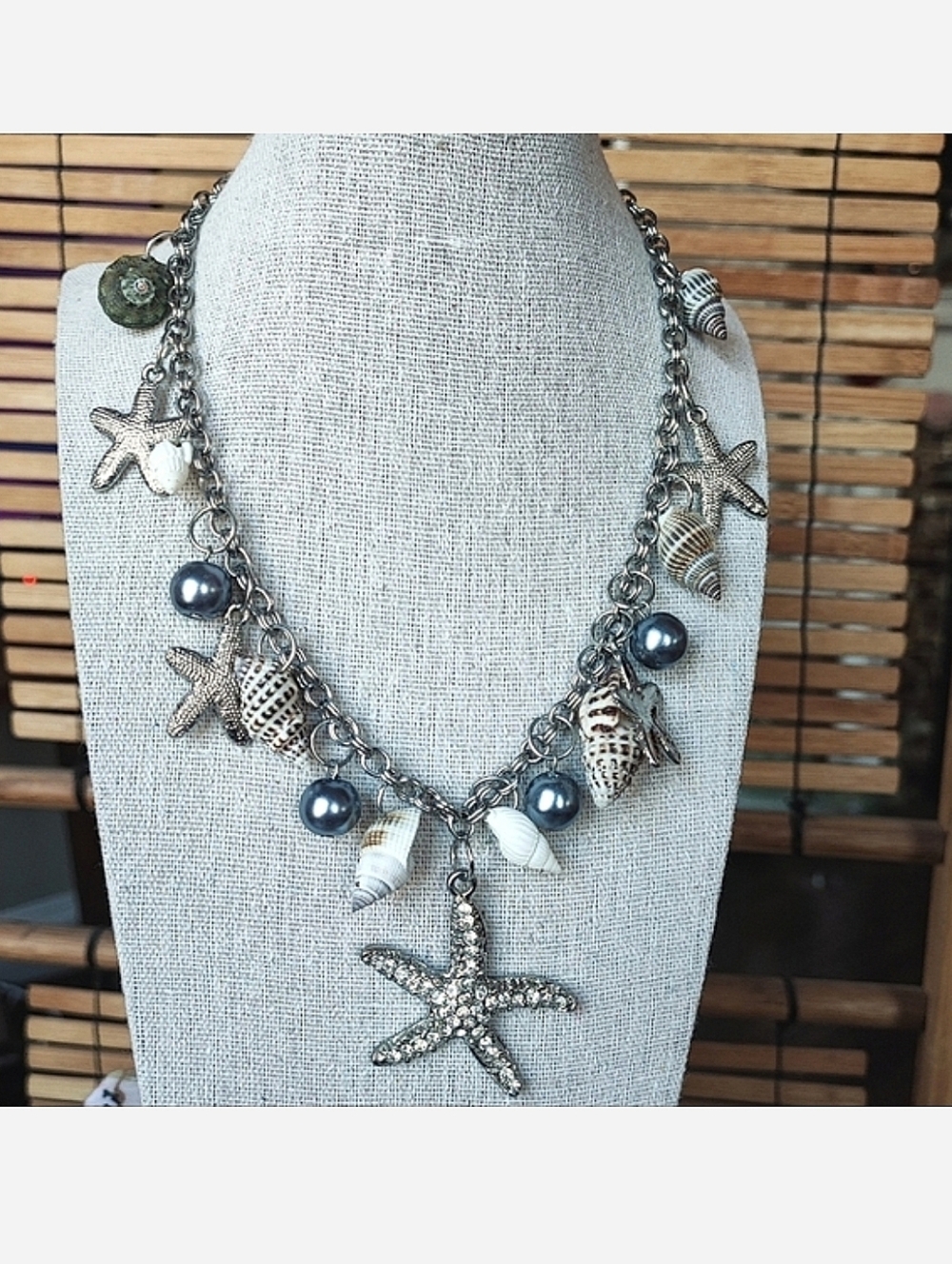 Amrita Singh Seashell Glass Gray Pearls Rhinestone Starfish Silver Tone Necklace
